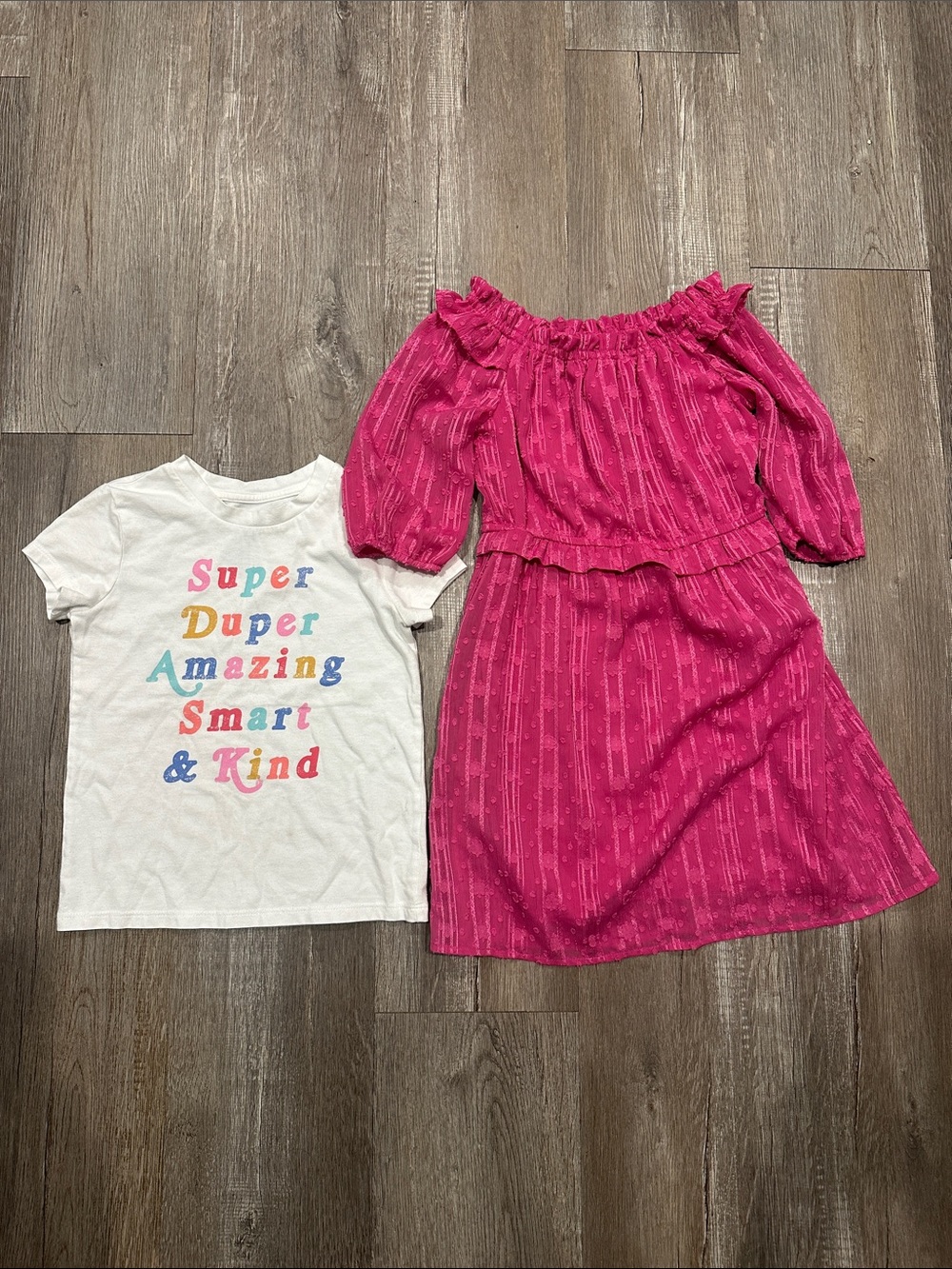 Girls Bright Fuchsia Off-Shoulder Casual Dress and White Top